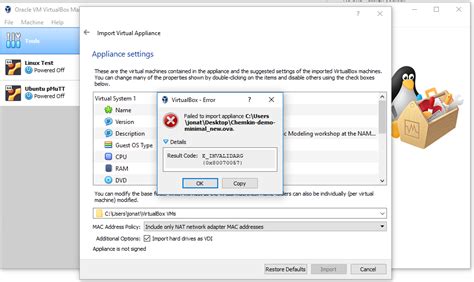 virtualbox e_invalidarg|Error importing .ova E.